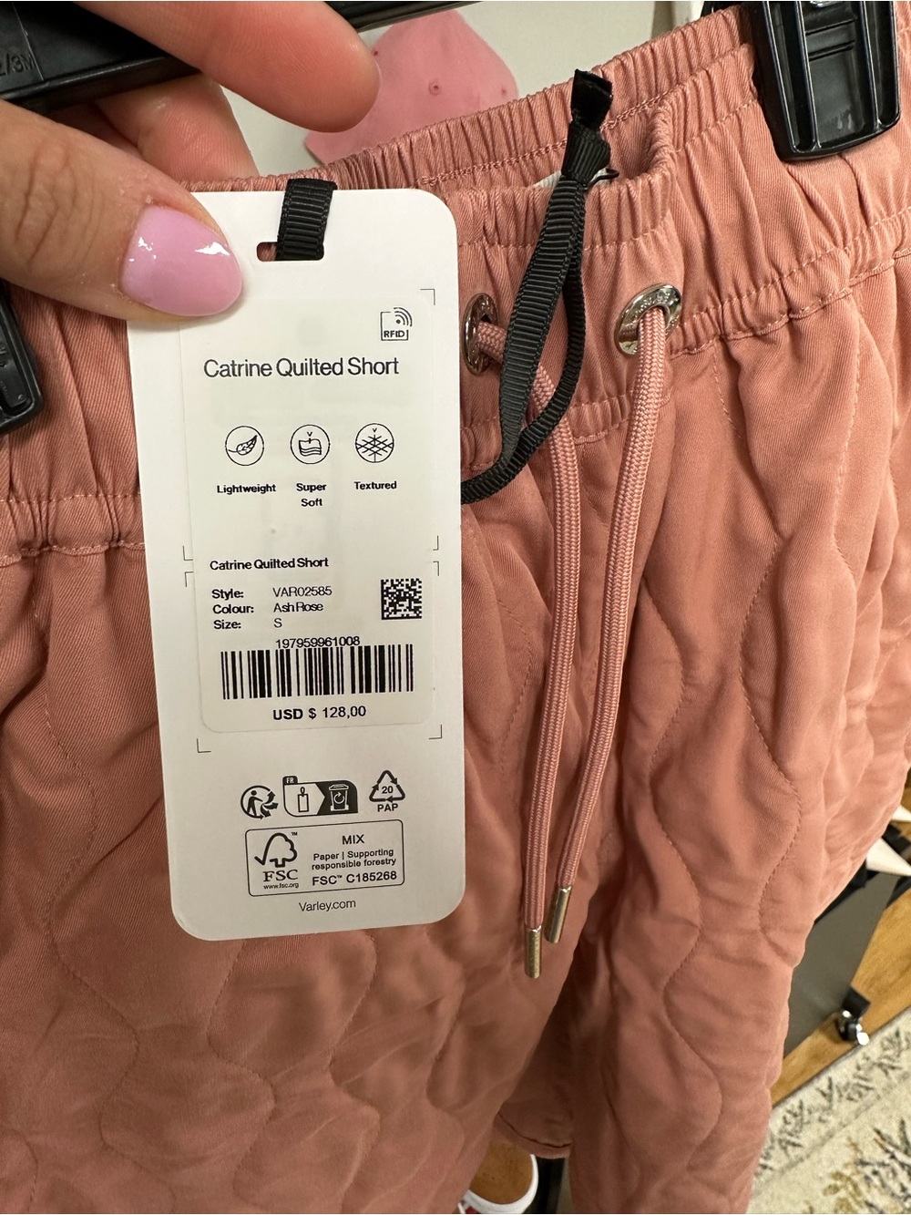 NWT Varley Women's Catrine Quilted Dusty Rose Drawstring Shorts - Picture 3 of 4